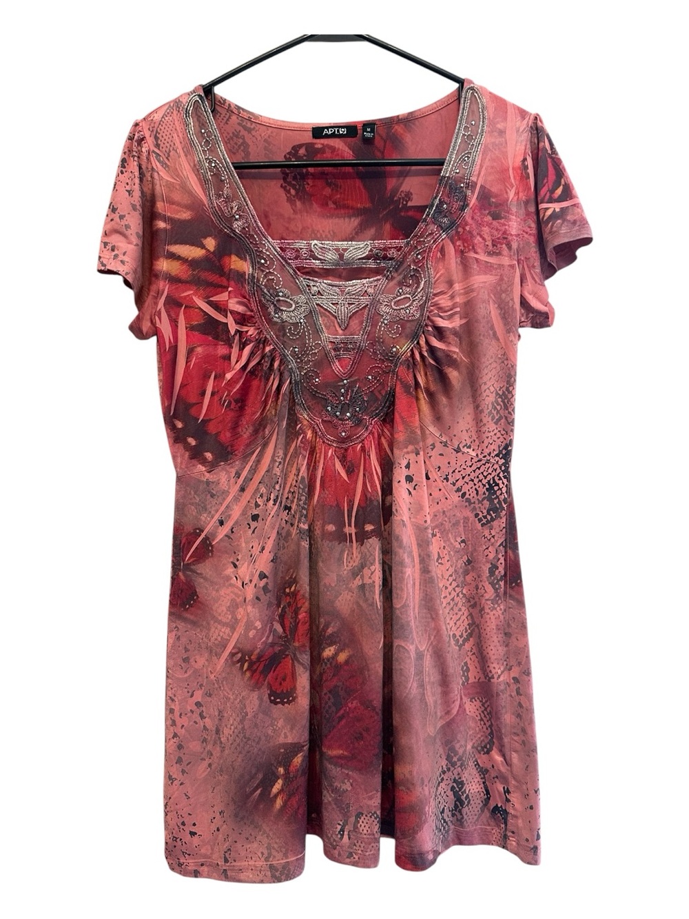 Vintage Y2K Apt. 9 McBling Coral-Pink Embellished Scoop-Neck Tunic/Mini Dress M